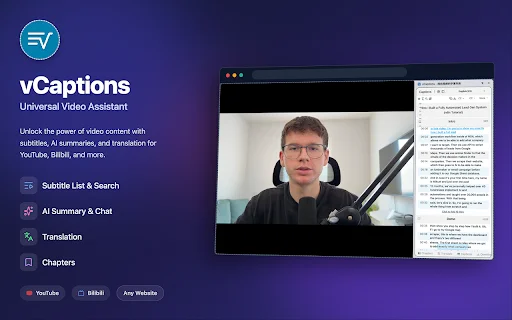 vCaptions: Subtítulos IA y Traducción para YouTube y Bilibili - Screenshot 1